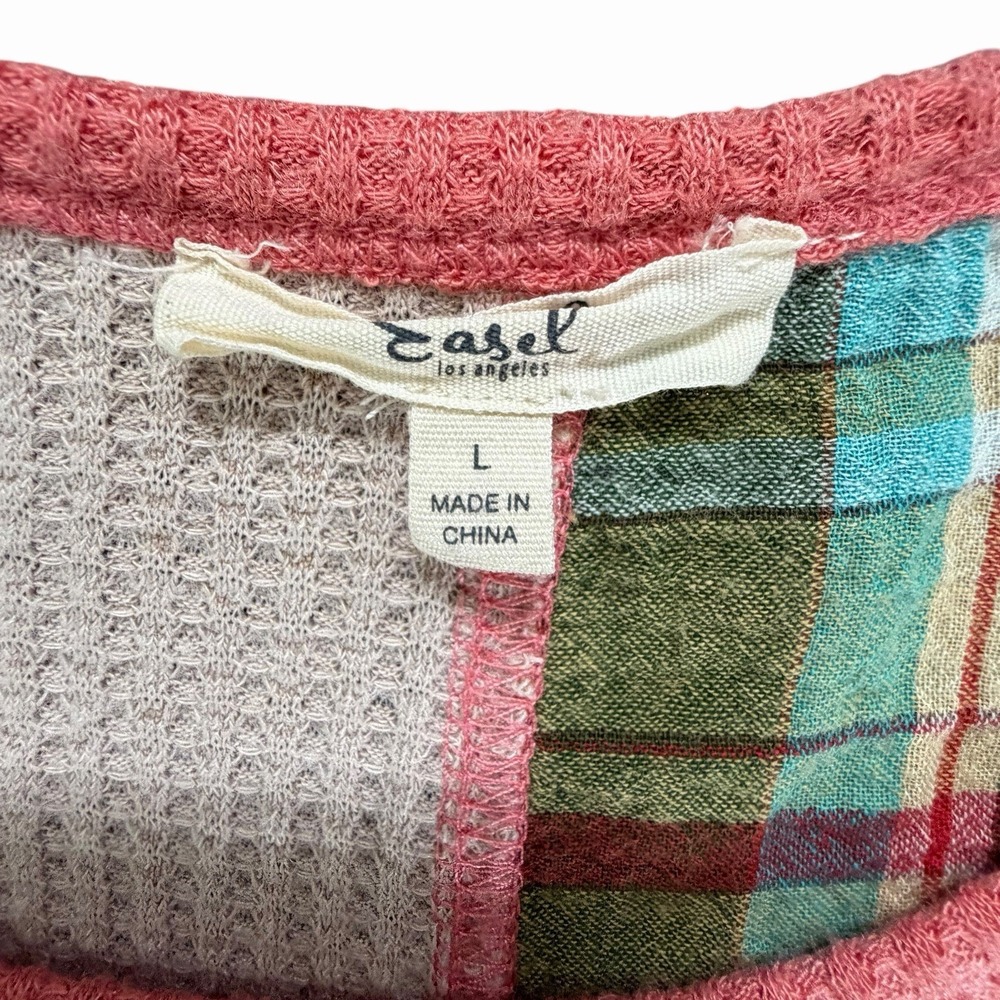 Easel Daisy Waffle Plaid Patchwork Oversized Sweatshirt L Hippie Boho Lagenlook - Picture 5 of 9